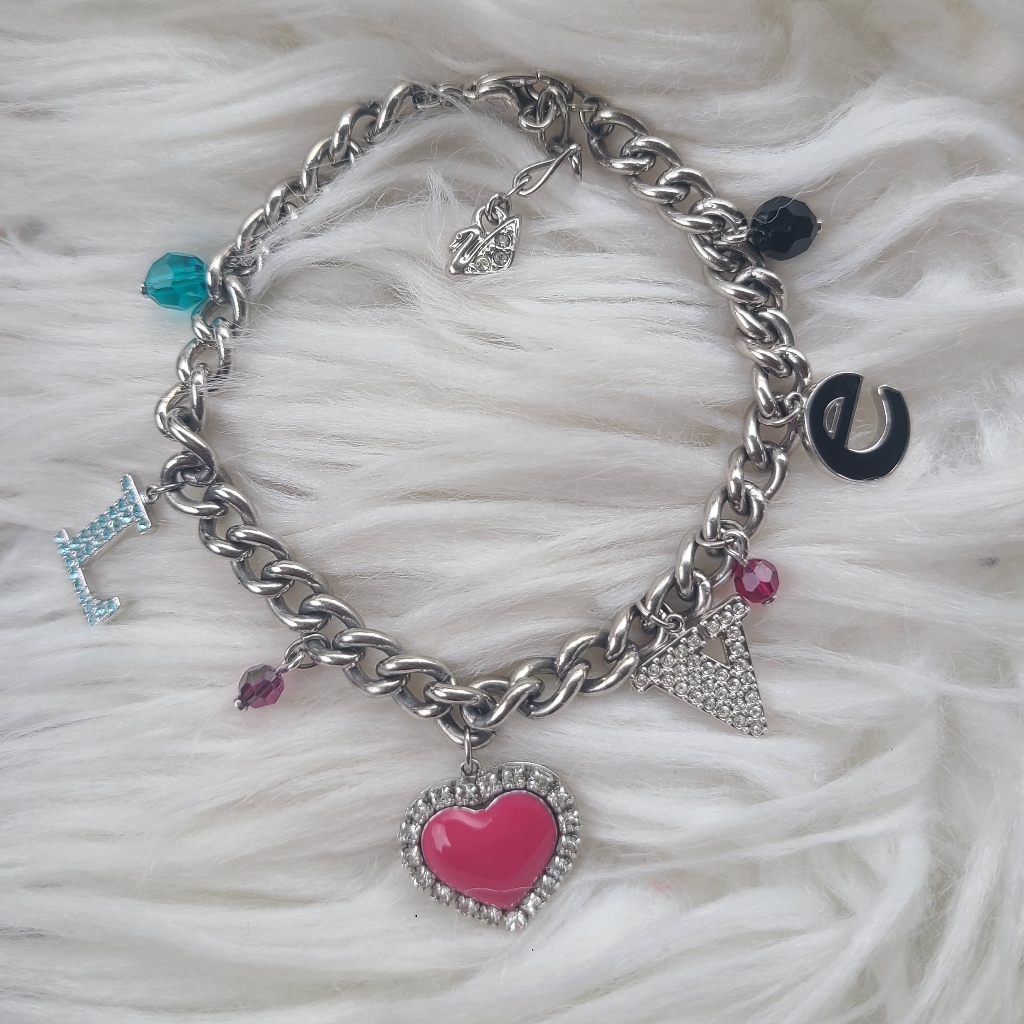 Swarovski Silver Toned Love Charm Bracelet With Pink Heart- Excellent Condition